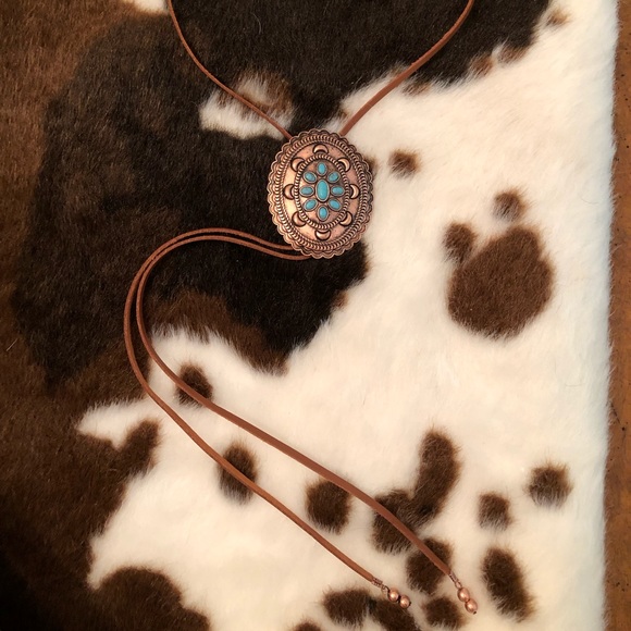 CowgirlZ at HEART Jewelry - TURQUOISE CONCHO BOLO NECKLACE IN COPPER / LEATHER